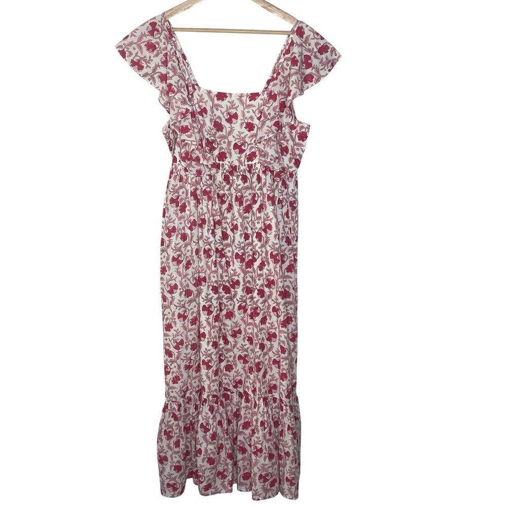 Maison Mathews Pink Floral Smocked Midi Dress Flutter Sleeve Cottagecore Size‎ M